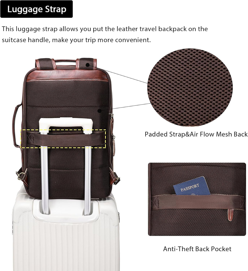 LANNSYNE Vegetable Tanned Leather Backpack for men, Expandable Leather Backpack Fits 15.6 Laptop, Tote Shoulder Travel Bag Rucksack
