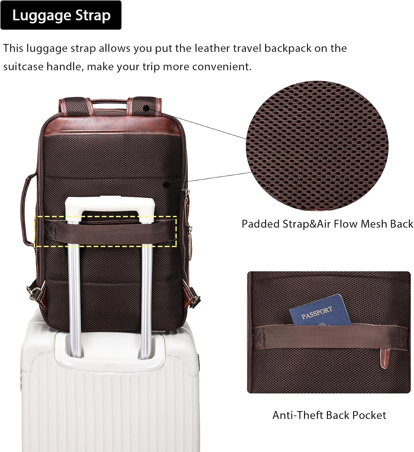 LANNSYNE Vegetable Tanned Leather Backpack for men, Expandable Leather Backpack Fits 15.6 Laptop, Tote Shoulder Travel Bag Rucksack