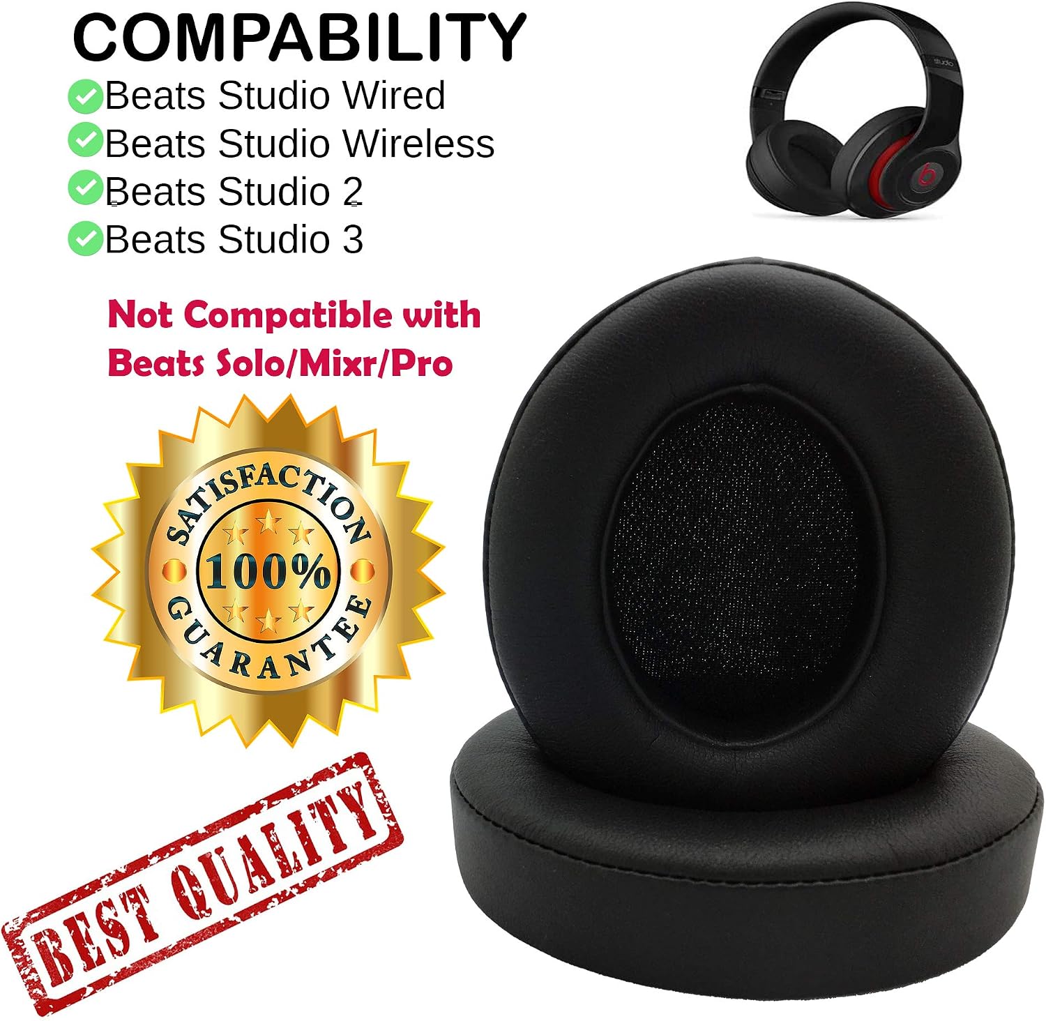 Premium Beats Studio Replacement Ear Pads Cushion by AvimaBasics - Compatible with Beats Studio 2.0 & 3 Wired/Wireless|Noise Isolation Memory Foam|Soft Protein Leather|Strong Adhesive Tape