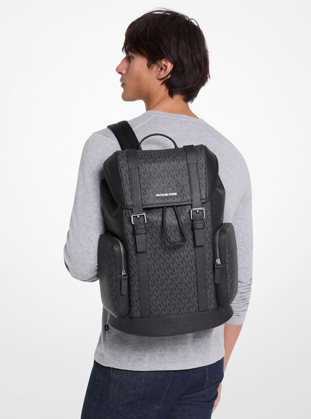 Michael Kors Men's City Buckle Backpack, Gunmetal-Hardware/Signature/Black