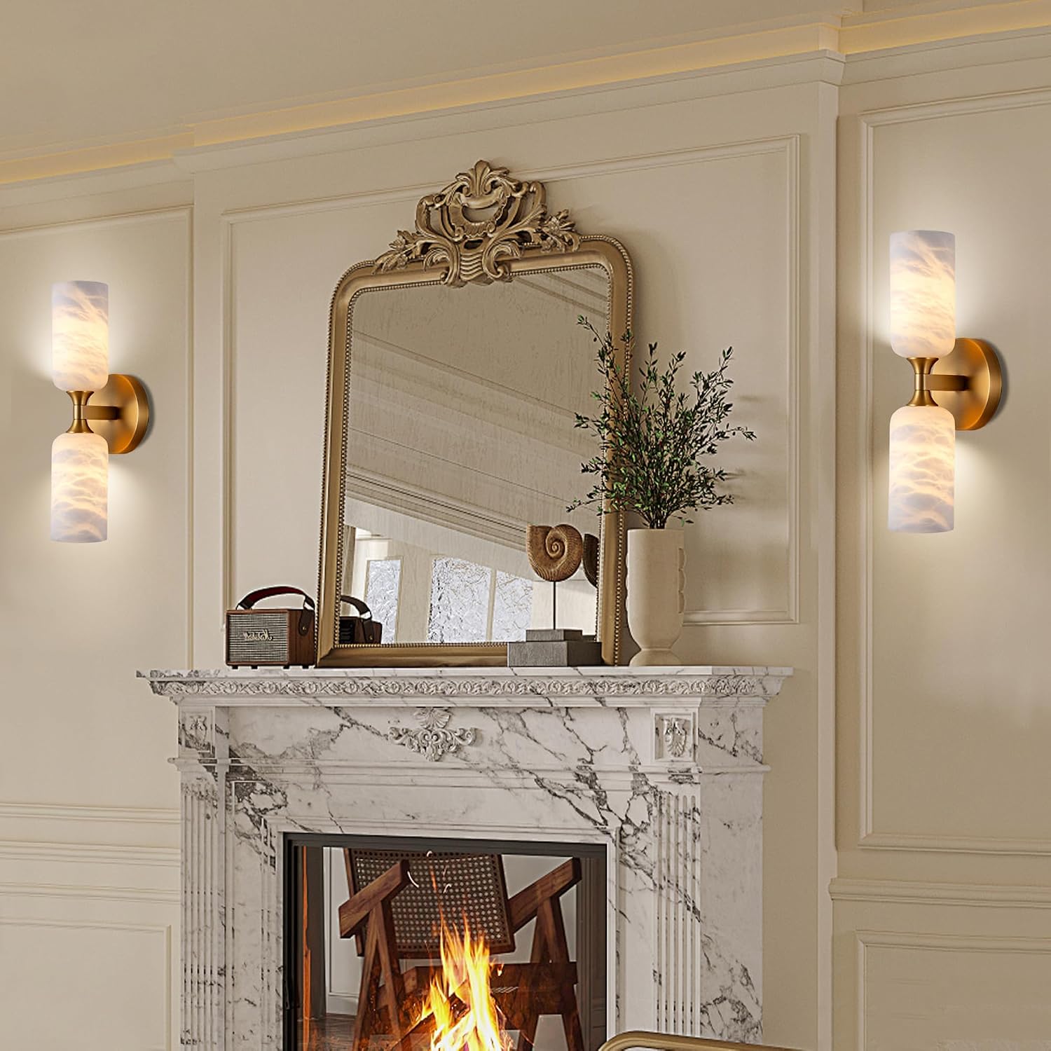 Alabaster Wall Sconce Set of 2, 14in Modern Brass Spanish Natural Marble Bathroom Vanity Sconces, Indoor Gold Wall Lighting Fixtures Decor for Bedroom Living Room Staircases