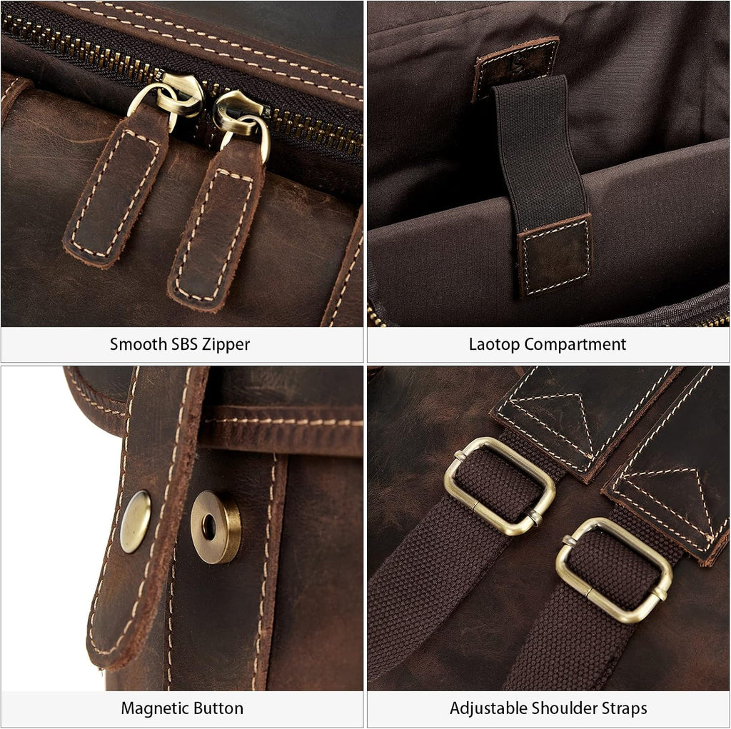 BOSTANTEN Leather Backpack for Men 15.6 inch Laptop Backpack Vintage Travel Office Bag Large Capacity Shoulder Bag Coffee