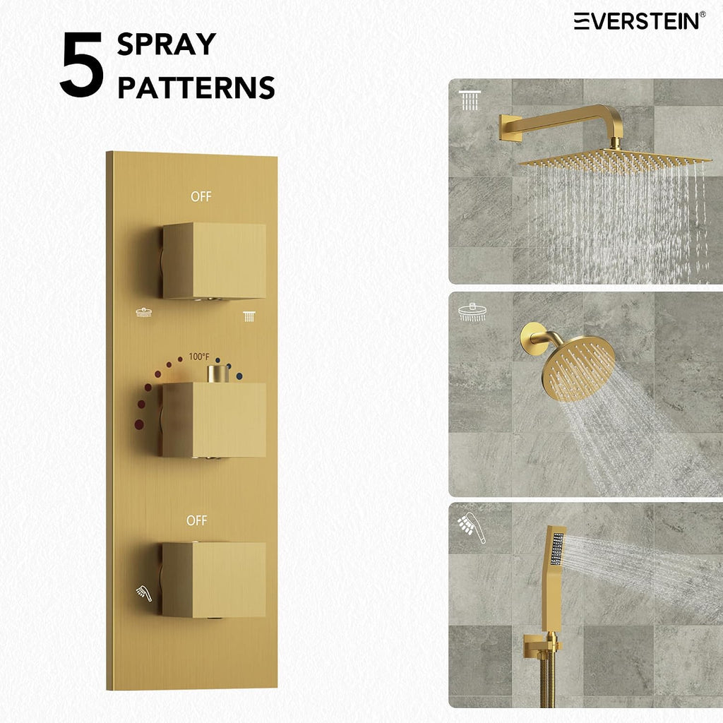 Thermostatic Shower system, 12 & 6 in. Bathroom Shower Set Wall Mount Dual Shower Head Faucet in Brushed Gold