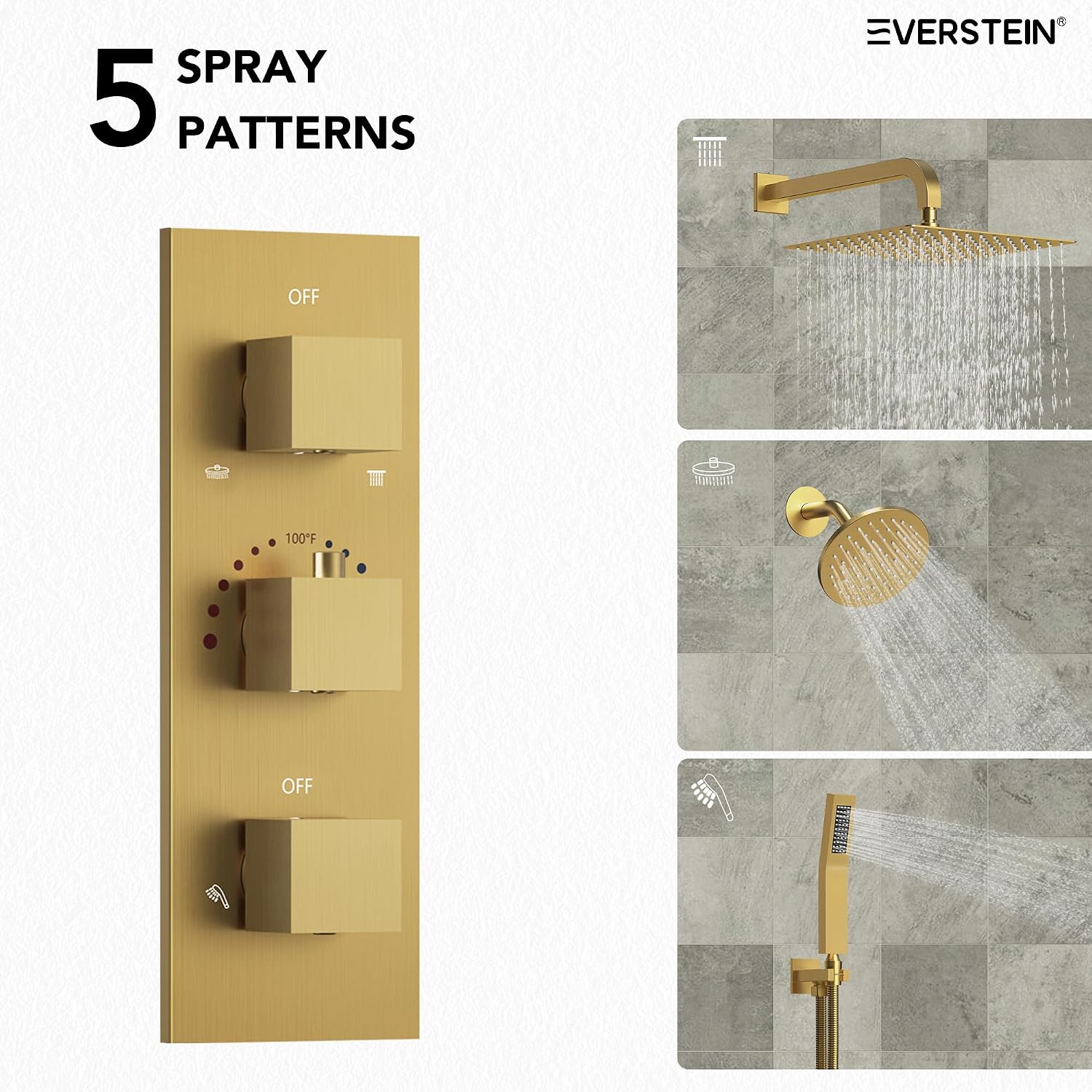 Thermostatic Shower system, 12 & 6 in. Bathroom Shower Set Wall Mount Dual Shower Head Faucet in Brushed Gold