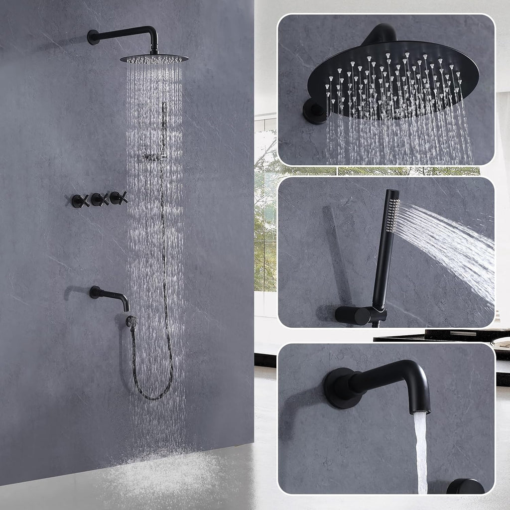 RBROHANT Matte Black Shower System with Tub Spout, Brass Bathtub Shower Faucet Set with 3 Way Rough-in Valve,10 Inch Round Shower Head Set with Tub Spout and Handheld, JK0300