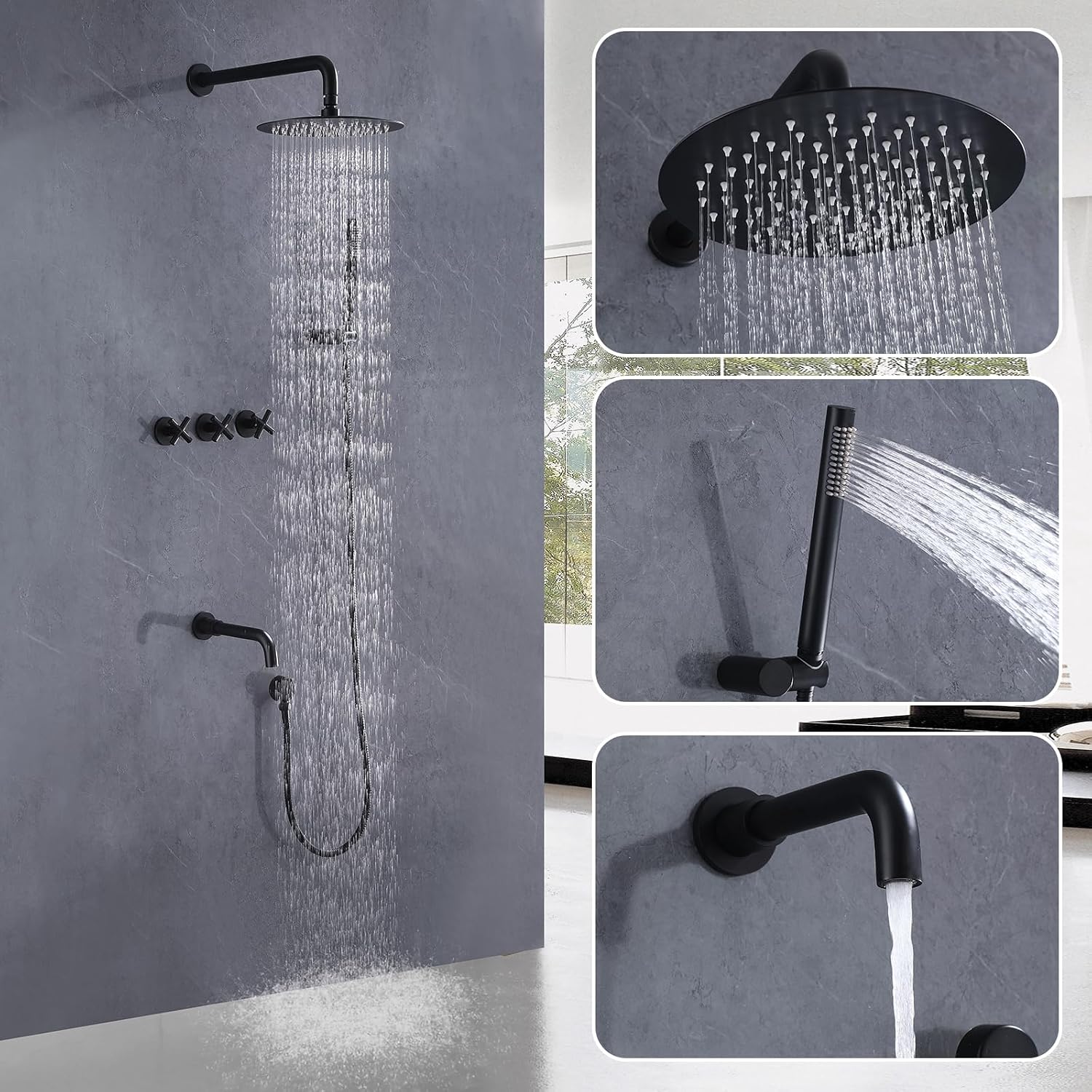 RBROHANT Matte Black Shower System with Tub Spout, Brass Bathtub Shower Faucet Set with 3 Way Rough-in Valve,10 Inch Round Shower Head Set with Tub Spout and Handheld, JK0300