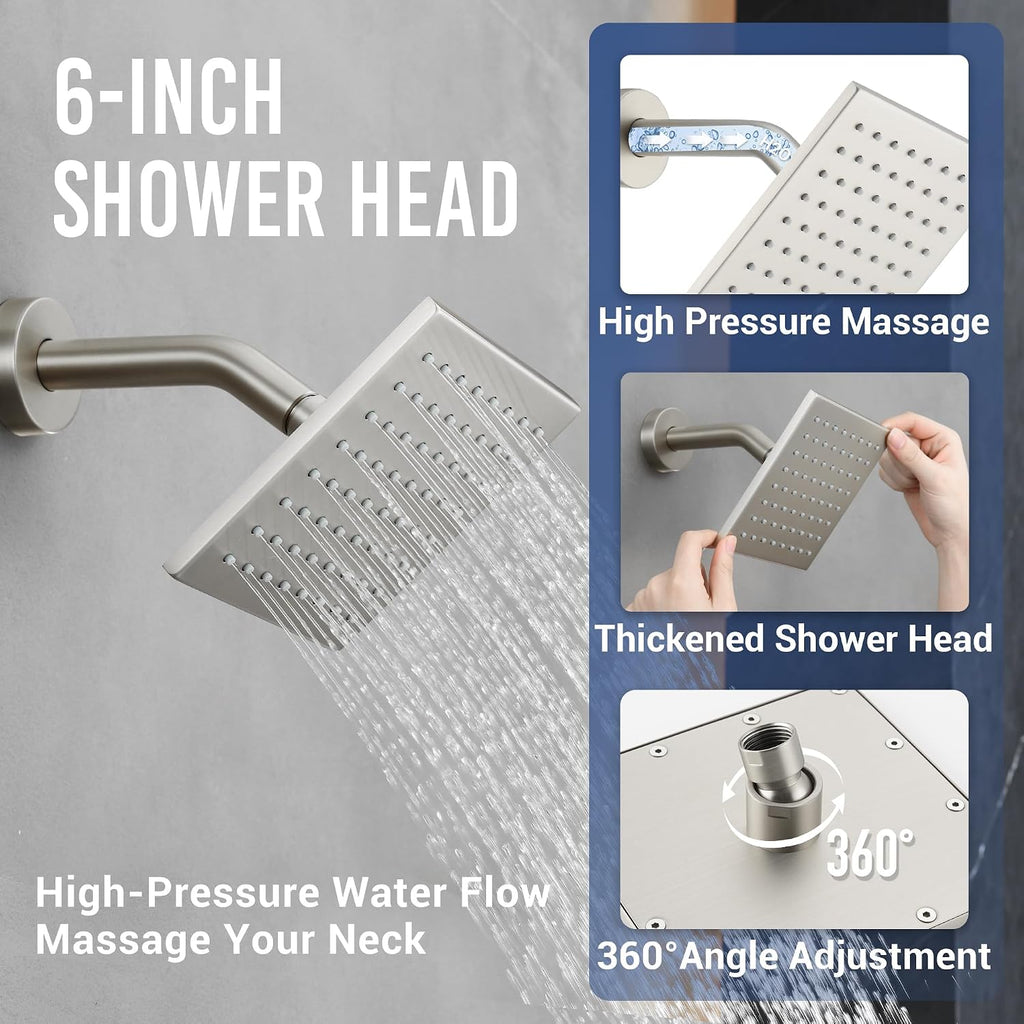 Thermostatic Dual Shower Heads System with 4-Inch Body Jets, Ceiling 16' Rainfall & Wall Mount 6' Shower Head, Luxury Brushed Nickel Shower Faucet Set with Handheld Sprayer for 2-Person/Tandem Shower