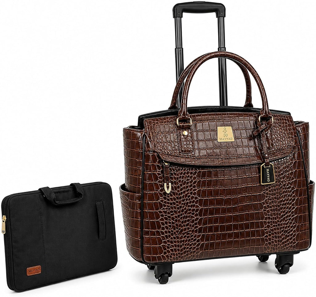 Rolling Laptop Bag for Women with Wheels & Handle Luxury Pure Leather Embossed Work Bag with Laptop Sleeve Travel Briefcase