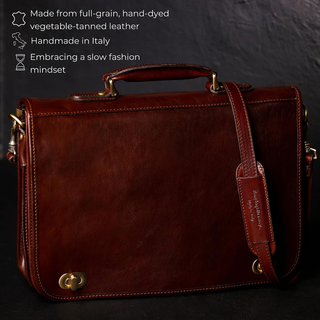 Time Resistance Leather Briefcase for Men - Italian Full Grain Leather Laptop Bag - Messenger Bag - Gift Box Included