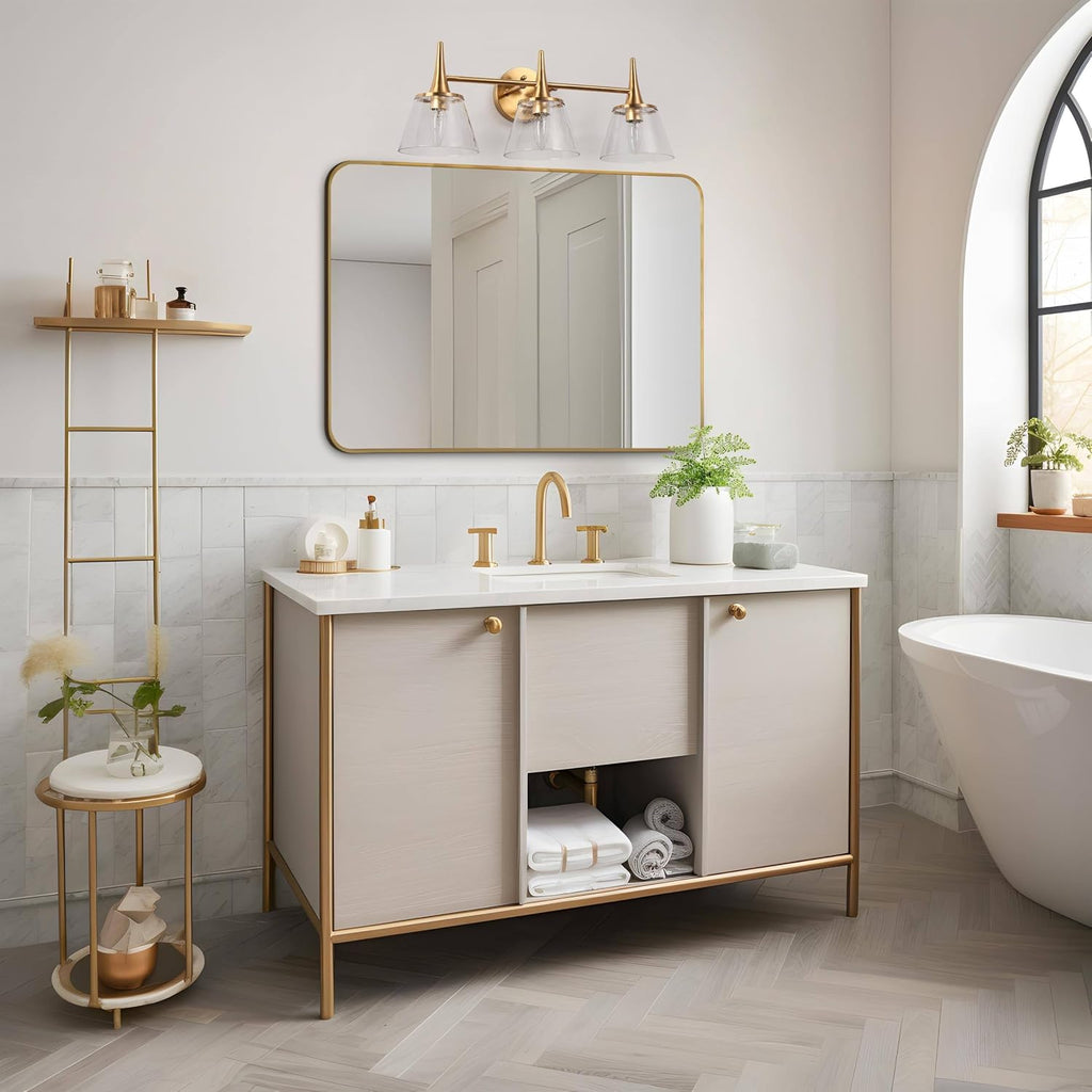 KSANA Gold Bathroom Light Fixtures, 22.5'' Modern Plating Brass Vanity Lights with Seeded Glass Shade, 3-Light Copper Bathroom Lighting Over Mirror