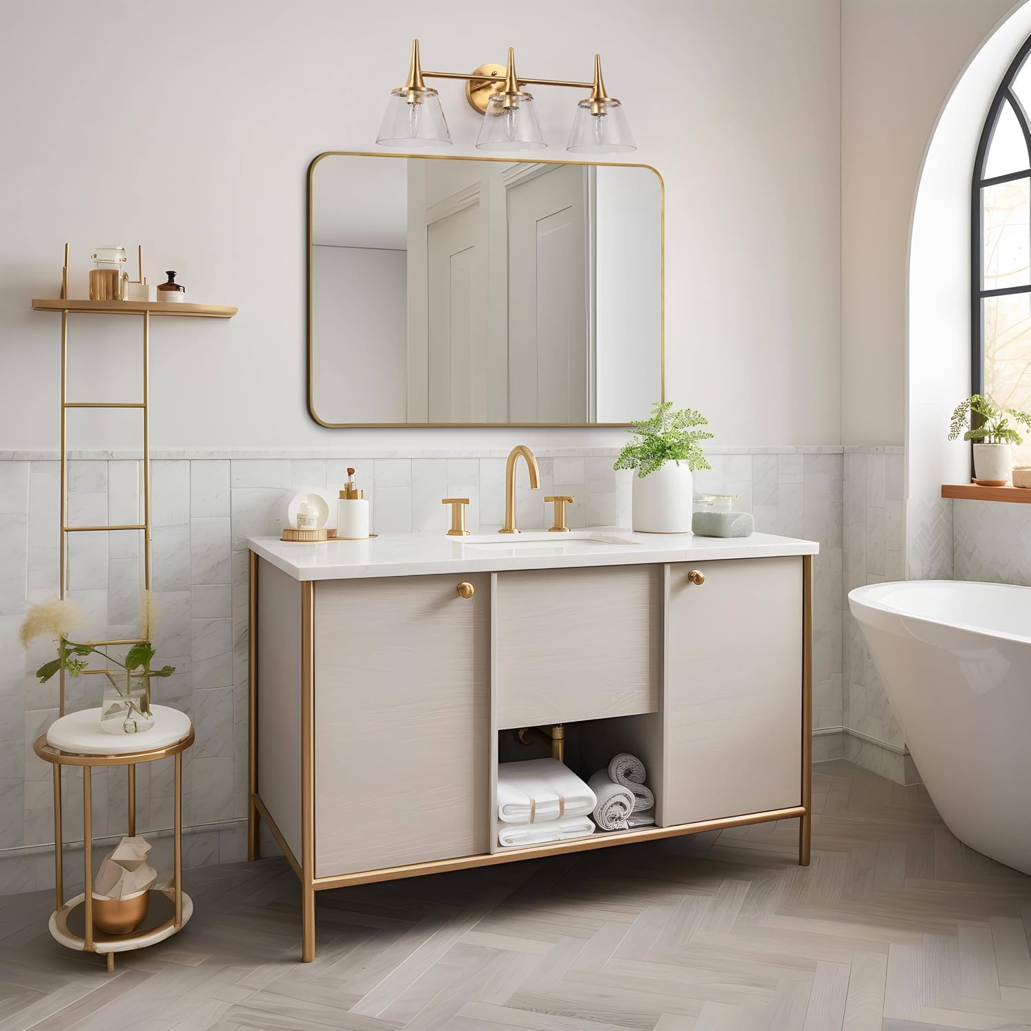 KSANA Gold Bathroom Light Fixtures, 22.5'' Modern Plating Brass Vanity Lights with Seeded Glass Shade, 3-Light Copper Bathroom Lighting Over Mirror