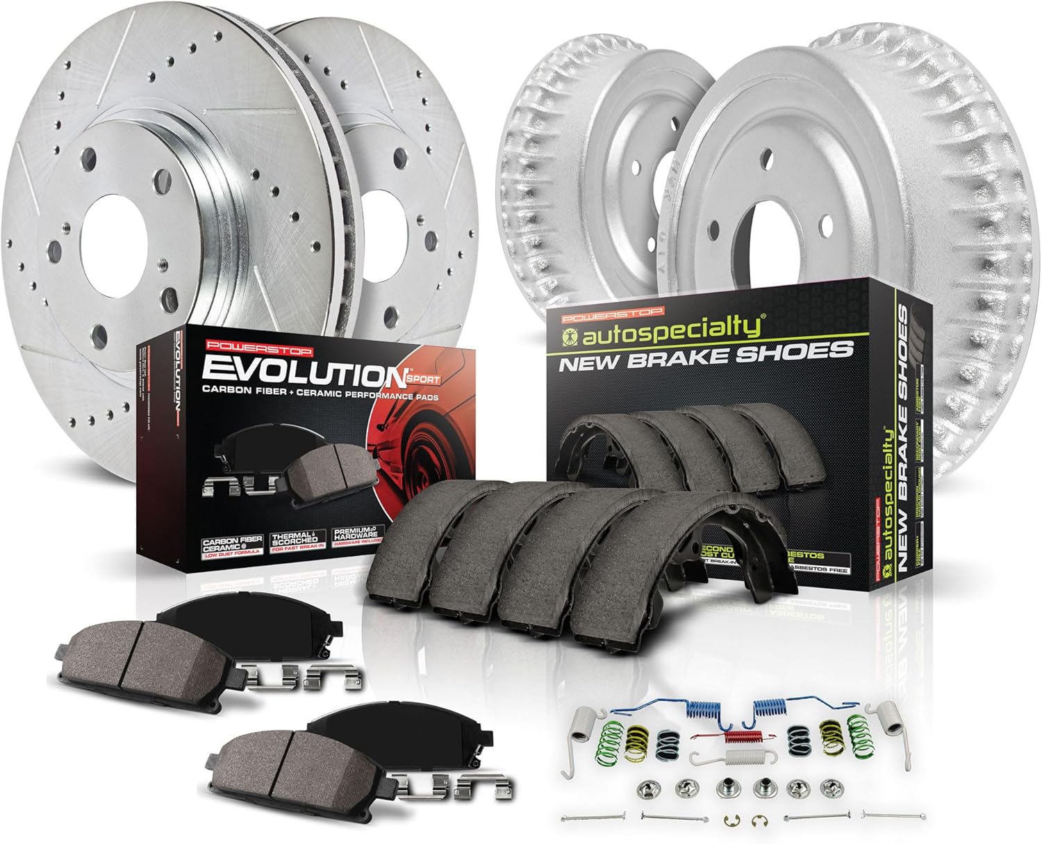 POWERSTOP Front and Rear Z23 Carbon-Fiber Ceramic Brake Pads and Drilled Slotted Rotors Brake Kit with Brake Shoes and Drums [Vehicle Specific] For Chevy Cruze, Chevy Cruze Lim [Model Specific]