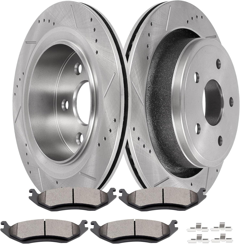 SCITOO Brake Kits For Chrysler For Aspen 2007-2009,For Dodge For Durango 2005-2009,For Ram 1500 2005-2010 Rear Drilled & Slotted Disc Brakes Rotors and Semi Metallic Brakes Pads 53006;D967