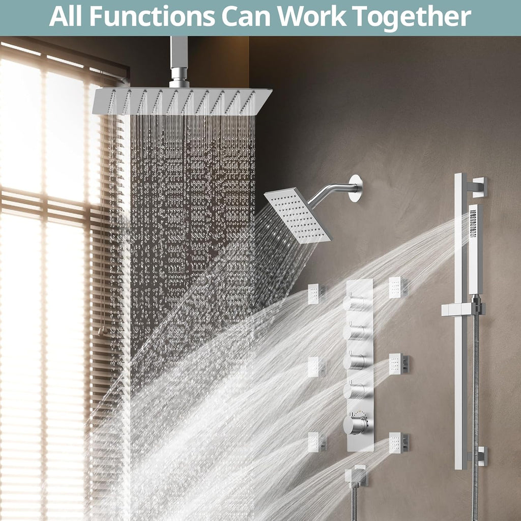 Dual Shower Heads Shower System: Aposhion Thermostatic Shower System - 16' & 6' Rainfall Shower Heads with Handheld Sprayer & 6 Body Massage Jets, Bathroom Shower Faucet Set with Valve, Brushed Nickel