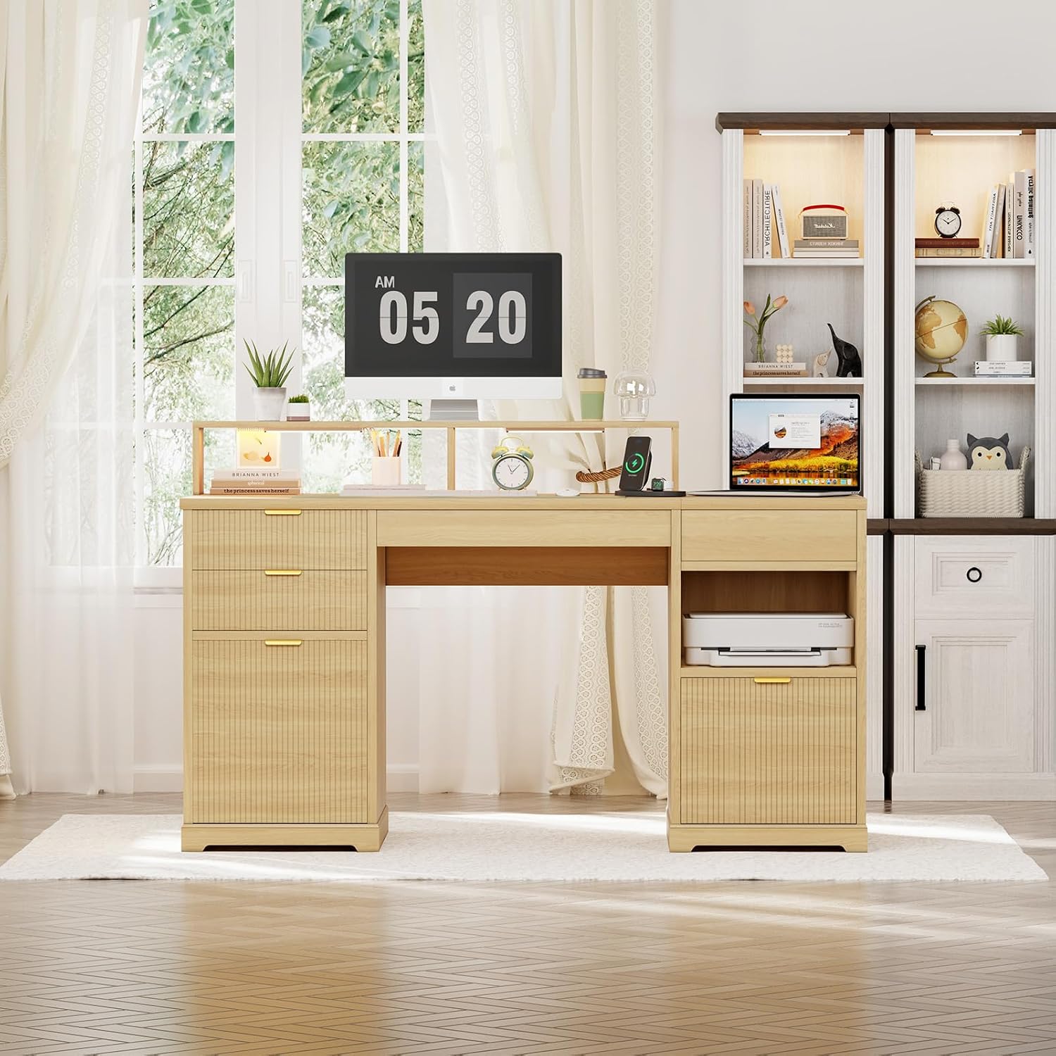 Fluted Desk with Drawers, 63' Home Office Executive Desk with Lift Top, Filing Cabinet, Gaming Desk Charging Station, Sensor Lights, Computer Table with Monitor Stand, Natural Wood