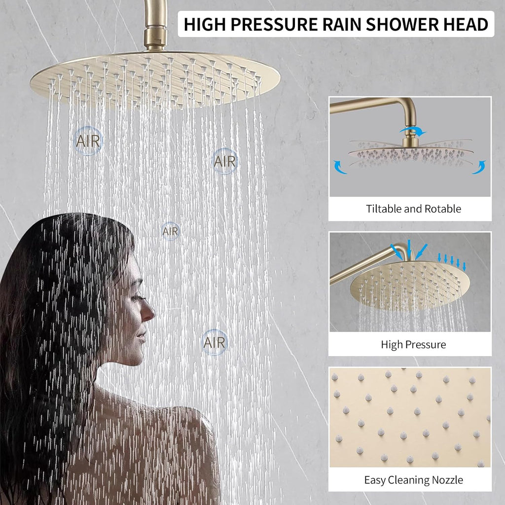 Brushed Gold Exposed Shower Syem with Handheld, 3 Functions Bathtub Shower Faucet Sets with Brass Valve, Shower Fixture with 10-Inch Rainfall Shower Head, Height Adjustable Shower Set