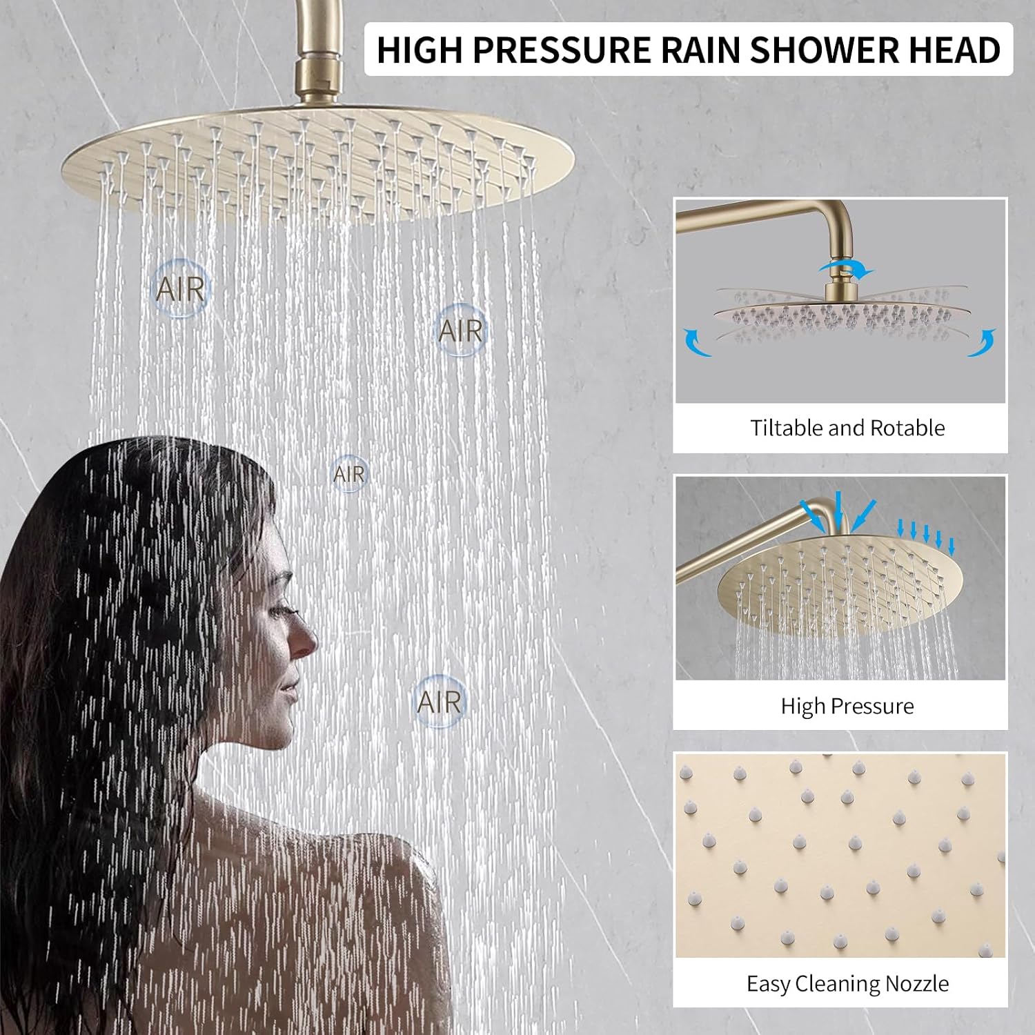 Brushed Gold Exposed Shower Syem with Handheld, 3 Functions Bathtub Shower Faucet Sets with Brass Valve, Shower Fixture with 10-Inch Rainfall Shower Head, Height Adjustable Shower Set