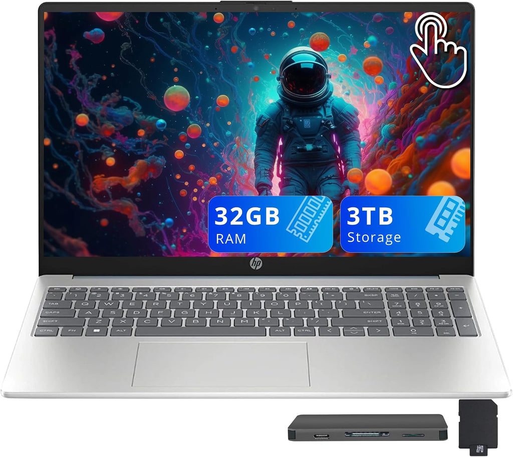 HP 15.6' FHD Touchscreen Laptop, Intel i3-N305, 32GB DDR4 RAM, 3TB Storage(2TB SSD+1TB Docking Station Set), Intel UHD Graphics, Numeric Keypad, 720p HD Camera, Wi-Fi 6, Win 11, Moonlight Blue
