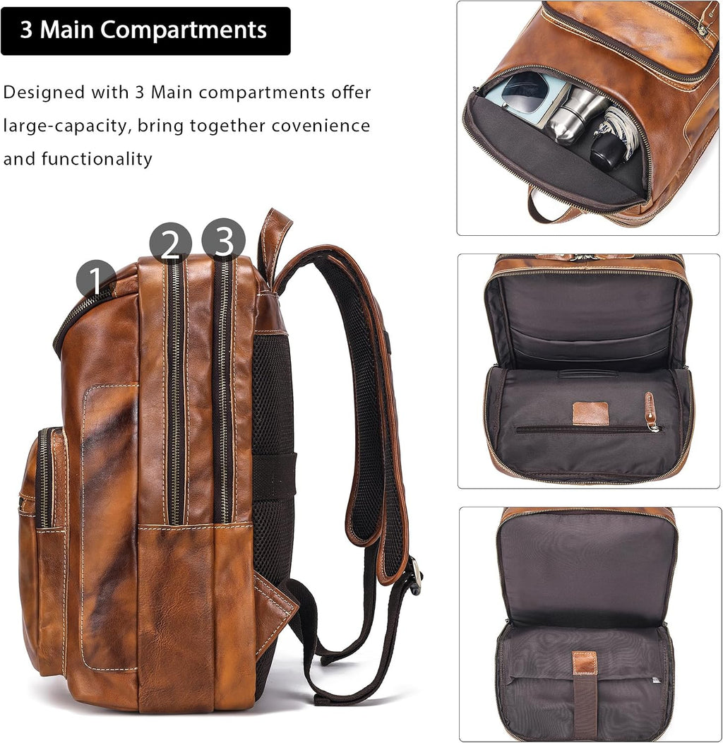 LANNSYNE Vegetable Tanned Leather Backpack For Men, 15.6' Leather Laptop Backpack Hiking Travel Bag Camping Rucksack