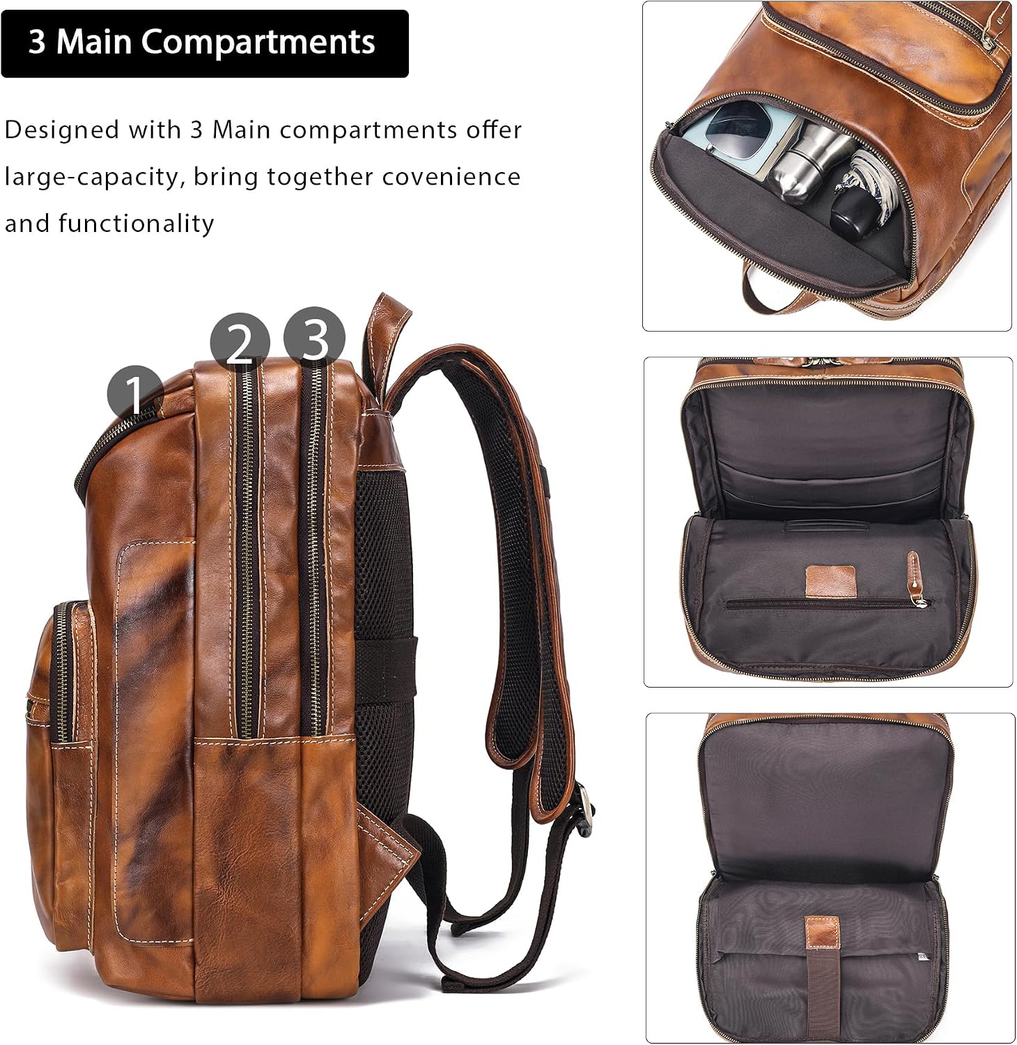 LANNSYNE Vegetable Tanned Leather Backpack For Men, 15.6' Leather Laptop Backpack Hiking Travel Bag Camping Rucksack