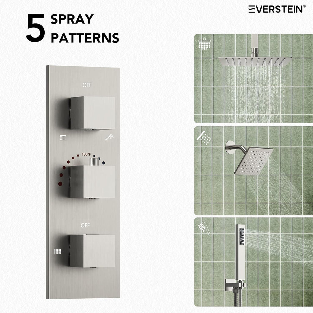 12' Ceiling Mount Dual Rainfall Shower Head System with Handheld Spray, Bathroom Shower Set with Valve (Brushed Nickel)