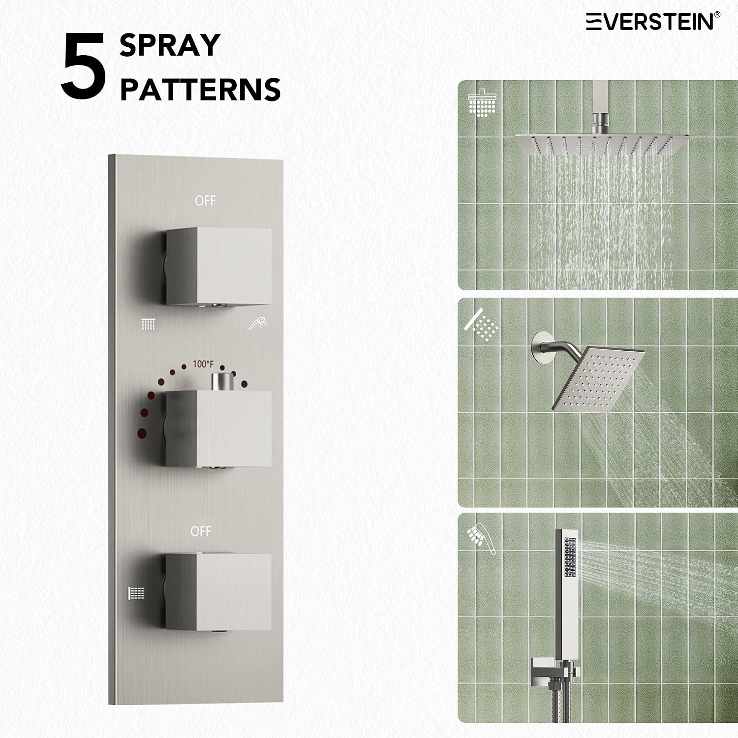 12' Ceiling Mount Dual Rainfall Shower Head System with Handheld Spray, Bathroom Shower Set with Valve (Brushed Nickel)