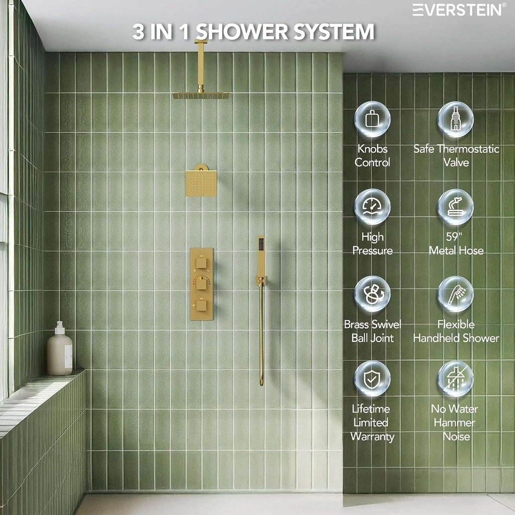 12' Ceiling Mount Dual Rainfall Shower Head System with Handheld Spray, Bathroom Shower Set with Valve(Brushed Gold)