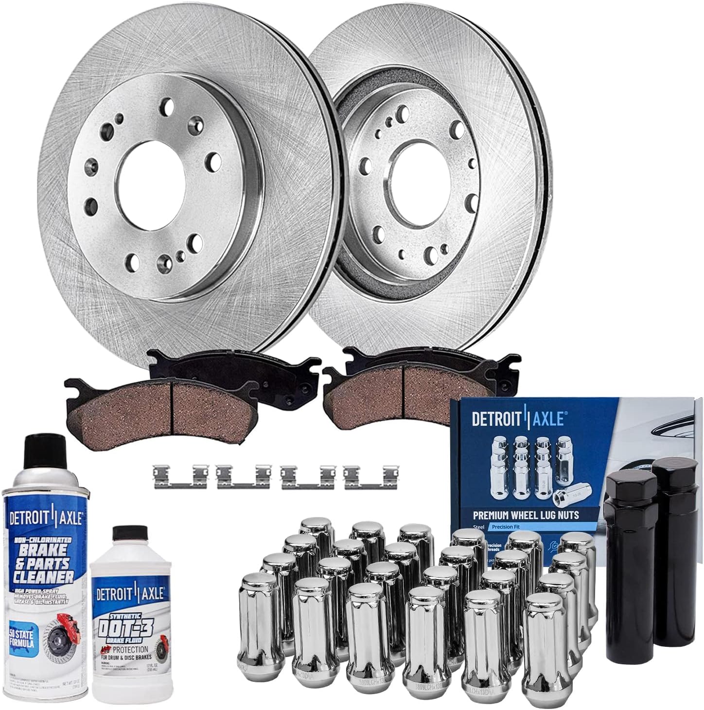 Detroit Axle - Front Brake Kit for Chevy GMC Silverado Sierra 1500 Tahoe Avalanche Cadillac Escalade Disc Brake Rotors Brake Pads + 24pc Lug Nuts w/keys Replacement - 32pc Set