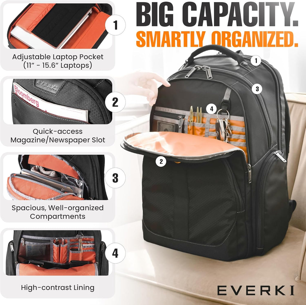 EVERKI Atlas Business 29.5L Laptop Backpack – Travel-Friendly Business & Office, Professional Backpack for Men & Women, Durable Computer Bag with Adjustable Padded Compartment, Fits 11'-15.6', Black