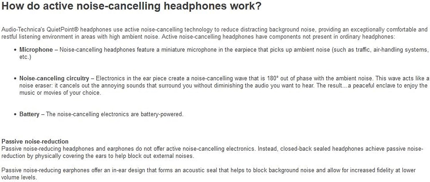 Audio-Technica ATH-ANC7B QuietPoint Active Noise-Cancelling Closed-Back Headphones, Wired, AUD ATH-ANC7B, Black, one Size