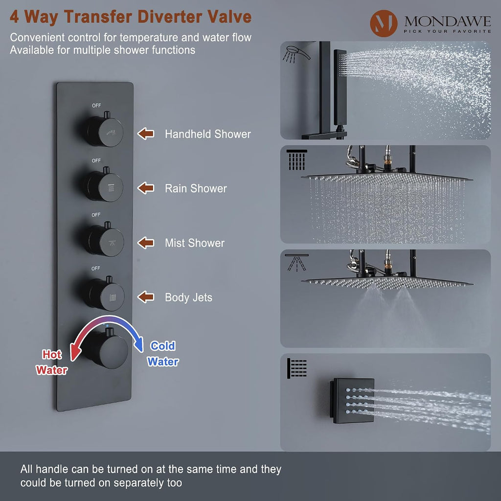 MONDAWE 16 Inch Thermostatic Shower System in Matte Black, Ceiling Mounted Rain and Mist Shower Head with Handheld Spray and 6 Body Jets, High Pressure Bathroom Shower Faucet Set, Solid Brass Valve