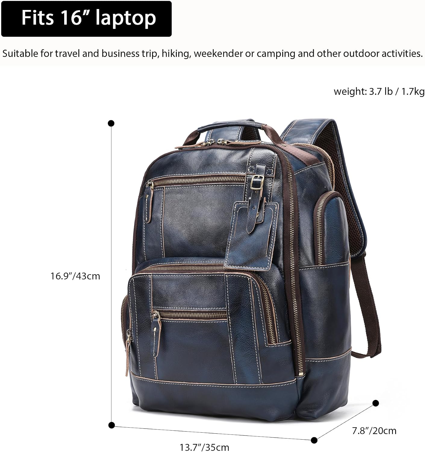 LANNSYNE Vegetable Tanned Leather Backpack for Men, 15.6' Laptop Backpack Camping Travel 24L Rucksack