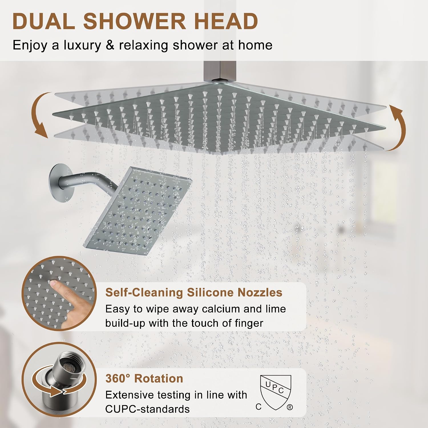 CASAINC Ceiling Mounted Shower System 12 Inch Rain Shower Head with Handheld Spray & 6 Inch Shower Head, Multifunctional Shower Faucet Set with Water Temperature Display (Brushed Nickel)