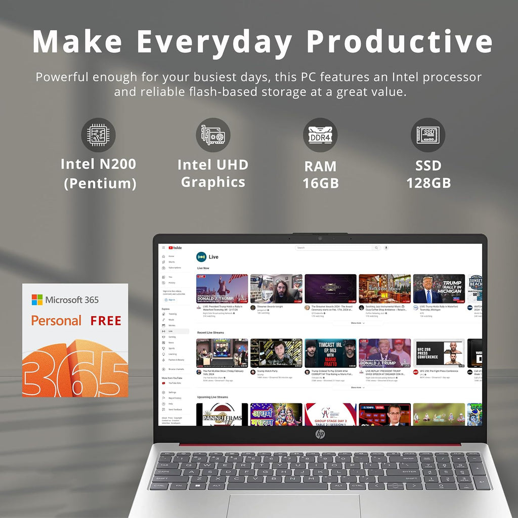 HP 15.6' HD Anti-Glare Everyday Laptop, Intel N200 Pentium Processor, 16GB RAM, 128GB PCIe SSD, 1 Year Office 365, Intel UHD Graphics, Wi-Fi 6, Win11, Scarlet Red, 32GB USB Card (Renewed)