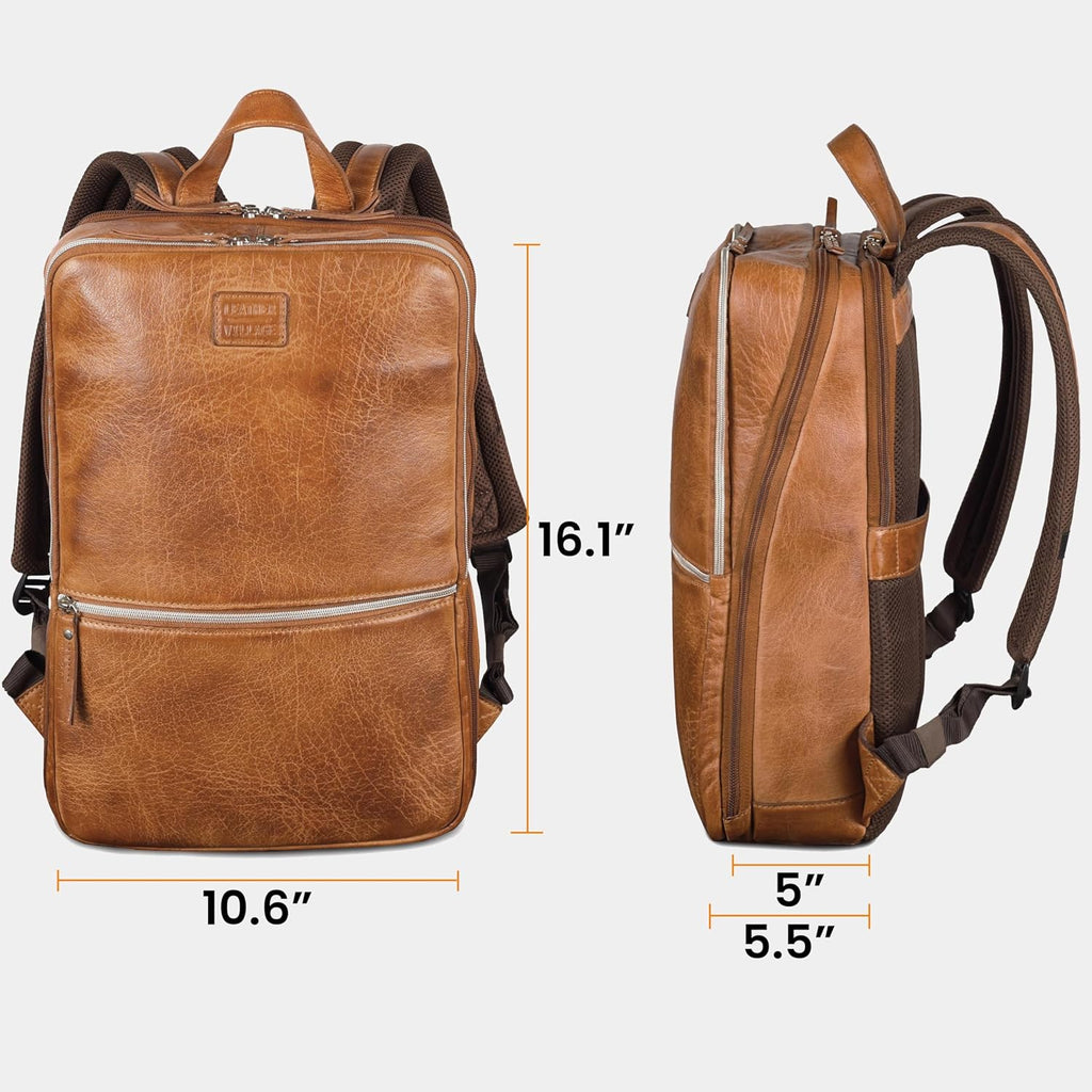 LEATHER VILLAGE Leather Laptop Backpack for Men | Camel Brown | Slim Professional Business Bag Fits 15.6'-Laptop | Water-Repellent Work & Travel Daypack with Trolley Strap