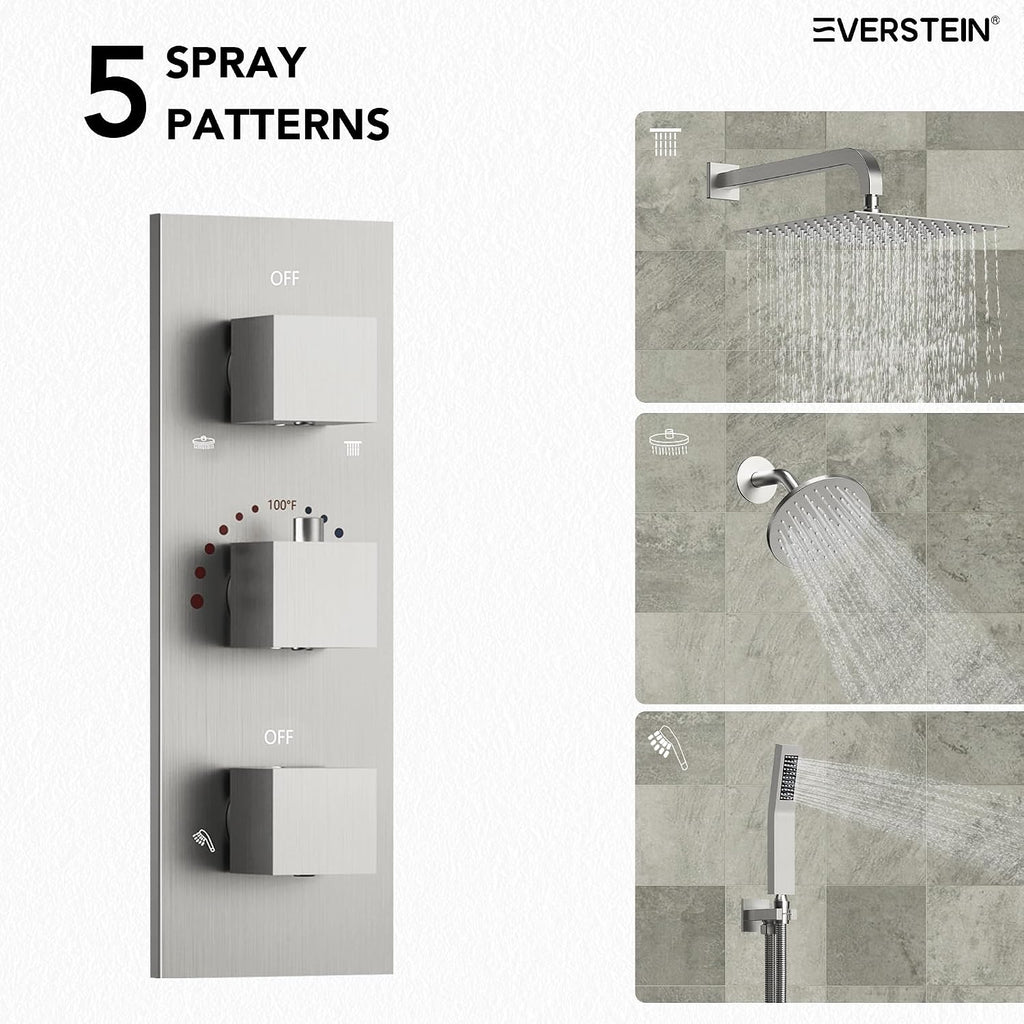 Thermostatic Shower system, 12 & 6 in. Bathroom Shower Set Wall Mount Dual Shower Head Faucet inBrushed Nickel