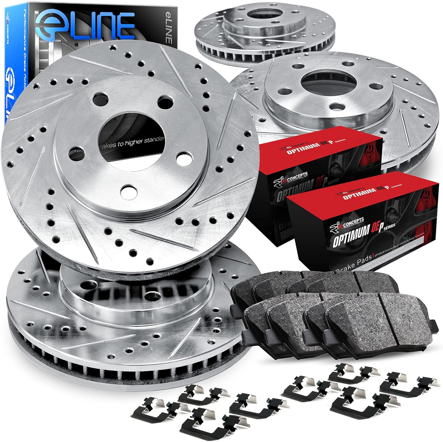R1 Concepts Front and Rear Brake Kit Fits 1997-2004 Chevrolet Corvette| Optimum Oep Pads, Drilled Slotted Rotors| Hardware| 12.8' Front & 12.0' Rear