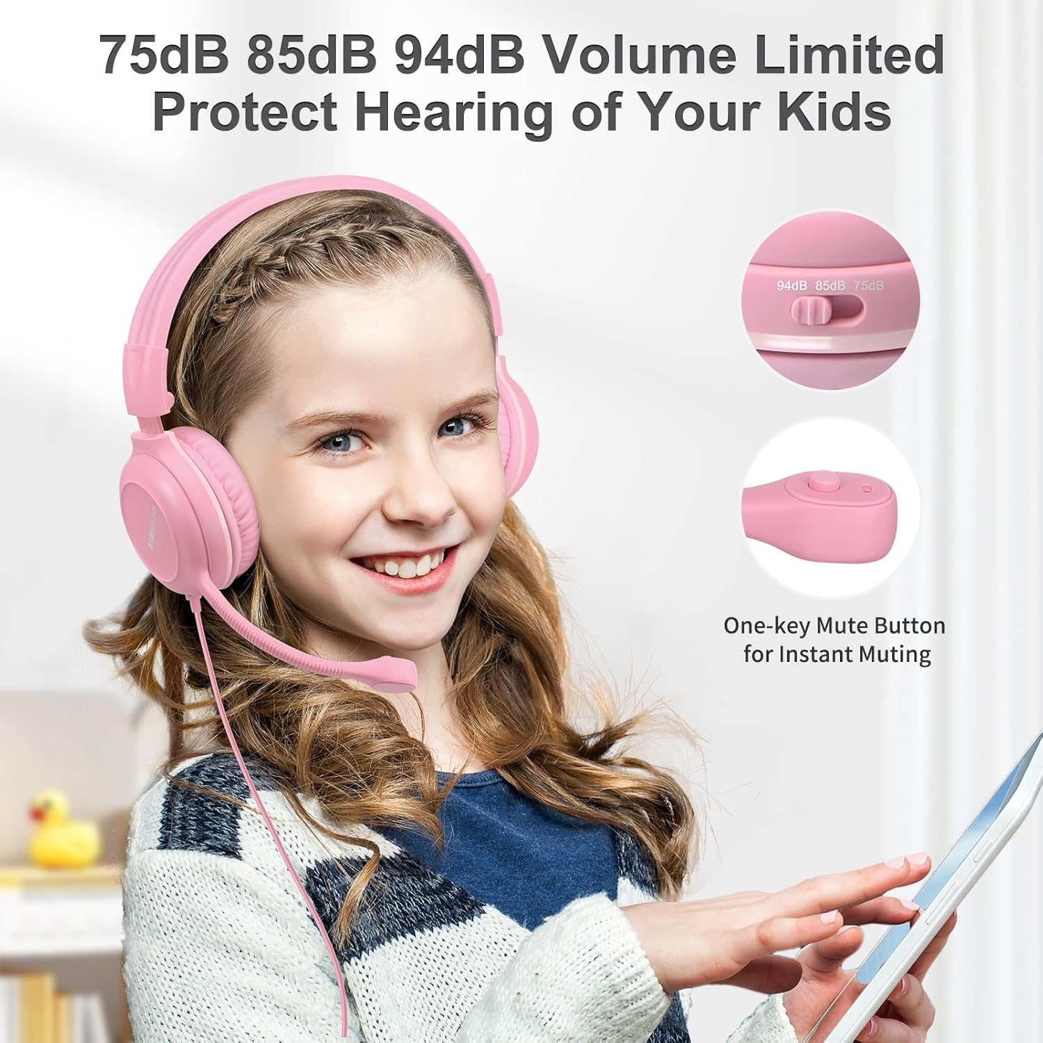 SIMOLIO Kids Headphones, Wired Kids Headset with Mic & Volume Limiter and AuraCast Wireless Headphones, Foldable, Durable, Comfortable for Girls/Boys School, Travel, Online Learning