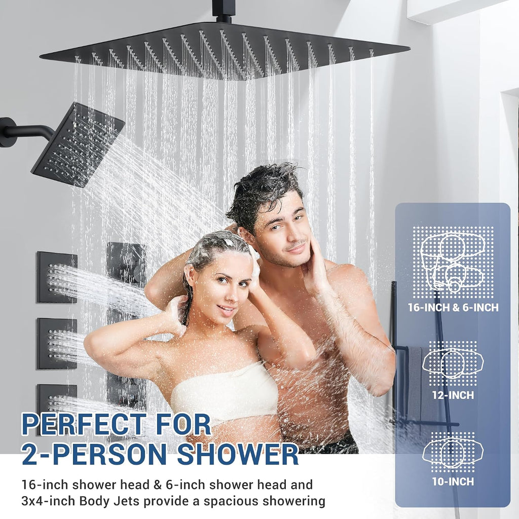 Matte Black Thermostatic Shower System with Body Jets, Ceiling 16' Rainfall Shower & Wall Mount 6-Inch Shower Head Luxury Shower Faucet Set with Handheld Spray, Dual Shower Heads Set