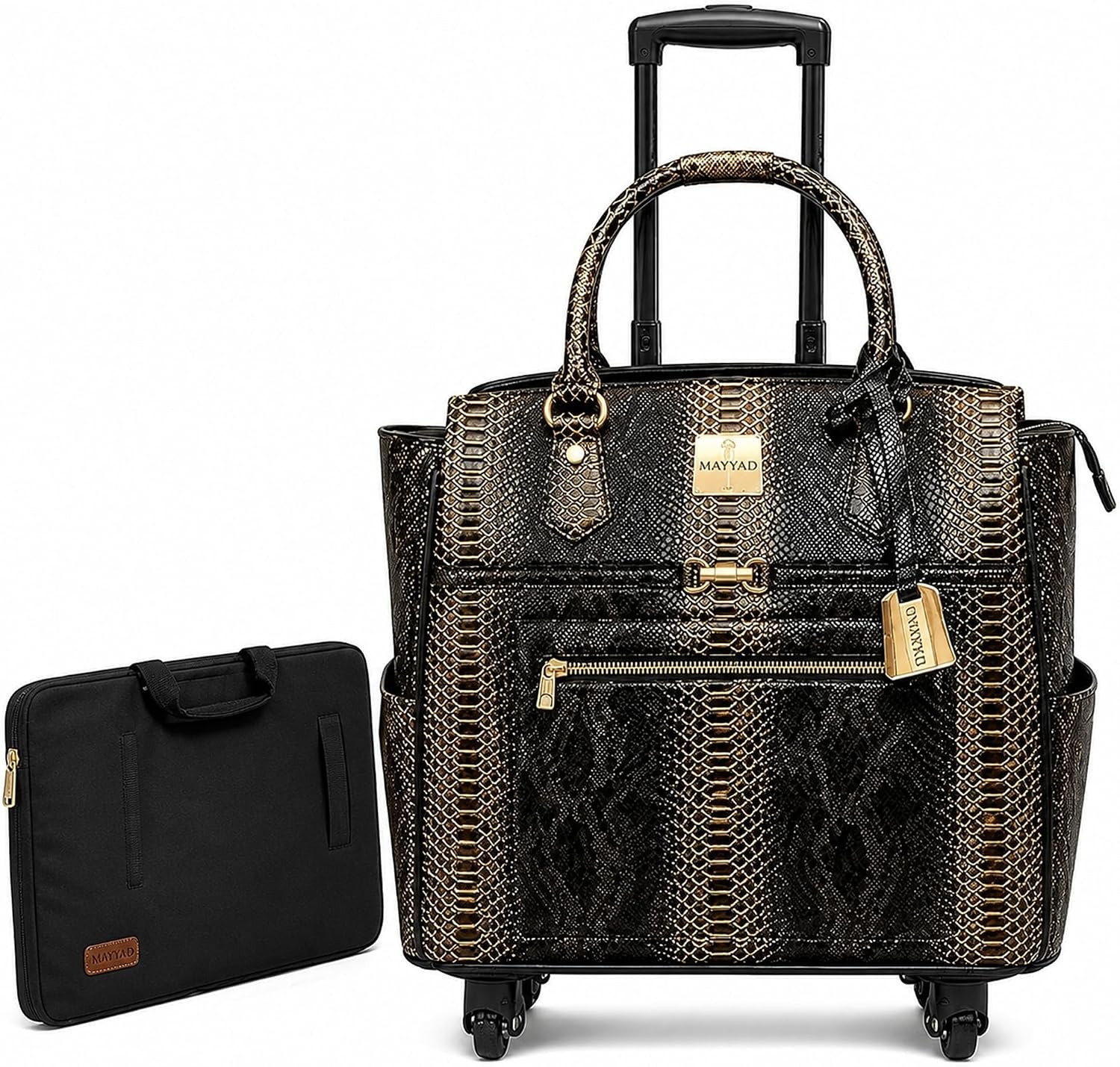 Rolling Laptop Bag for Women with Wheels & Handle Luxury Pure Leather Embossed Work Bag with Laptop Sleeve Travel Briefcase