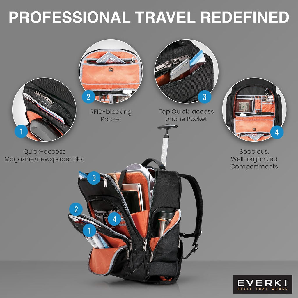 EVERKI Atlas Wheeled 30L Laptop Backpack - Rolling Backpack for Men & Women, Carry-On Travel Roller Backpack for Laptops, Fits 13 to 17.3 Inches with Adjustable Compartment for Business & Work - Black
