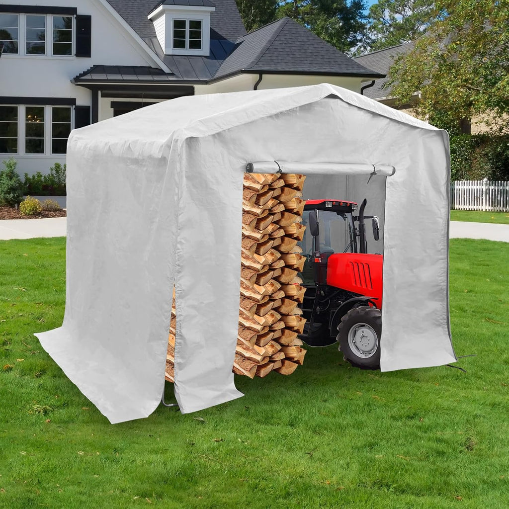 8x8x8 FT Outdoor Storage Shelter Carport, Portable Storage Tent with Roll-up Door, Waterproof Outdoor Carport for Bike, Lawn Mower, ATV Storage (Grey)