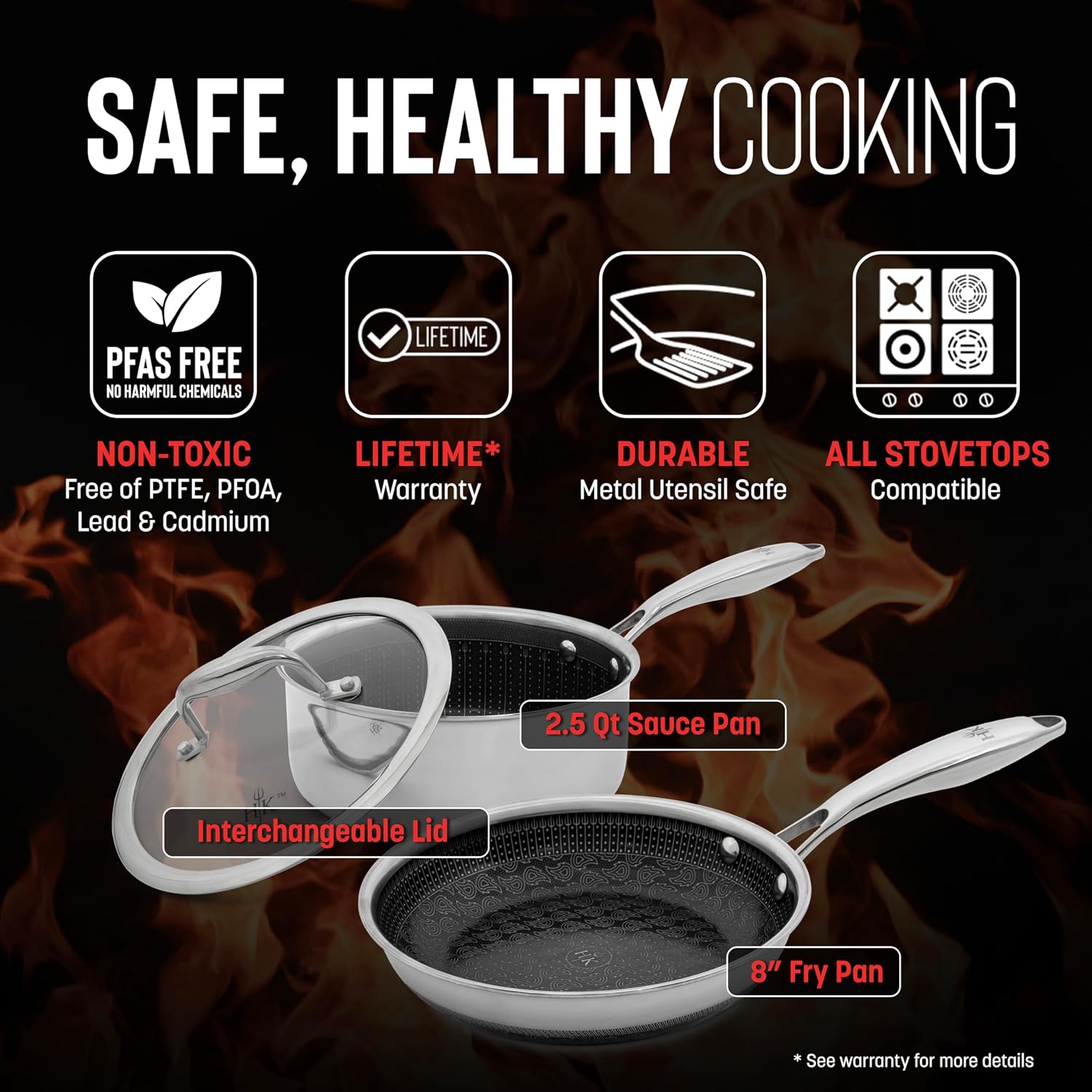 Hell's Kitchen 3-Piece Hybrid Cookware Starter Set, Tri-Clad Stainless Steel & PFAS-Free Ceramic Nonstick, no PFOA, no PTFE, no Teflon, Non Toxic Cookware, Metal Utensil Safe, All cooktops & Oven Safe