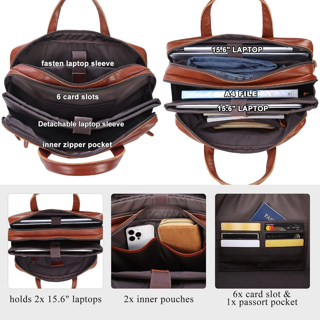 Masa Kawa Leather Briefcase for Men 15.6', 17' Laptop Computer Case Business Travel Work Messenger Cross Body Shoulder Bag
