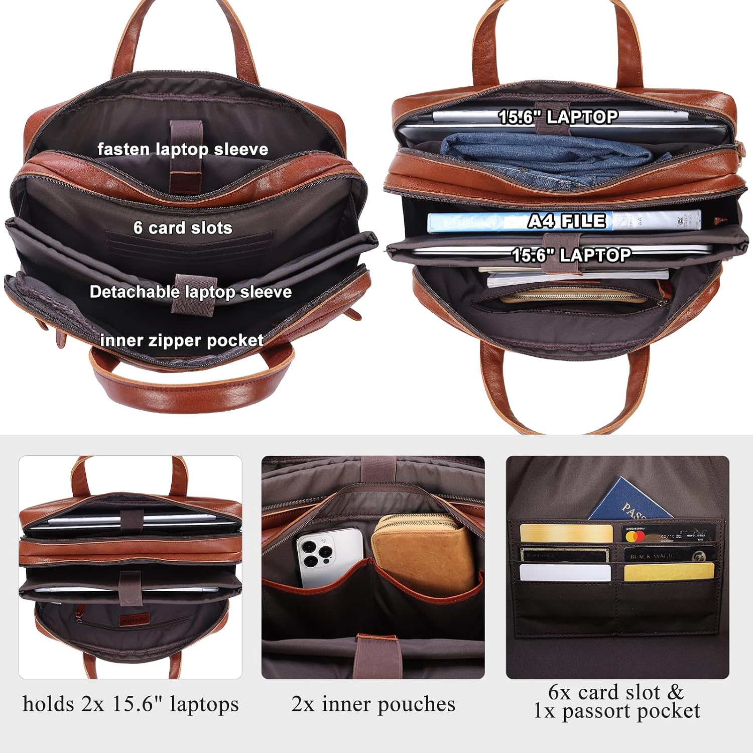 Masa Kawa Leather Briefcase for Men 15.6', 17' Laptop Computer Case Business Travel Work Messenger Cross Body Shoulder Bag