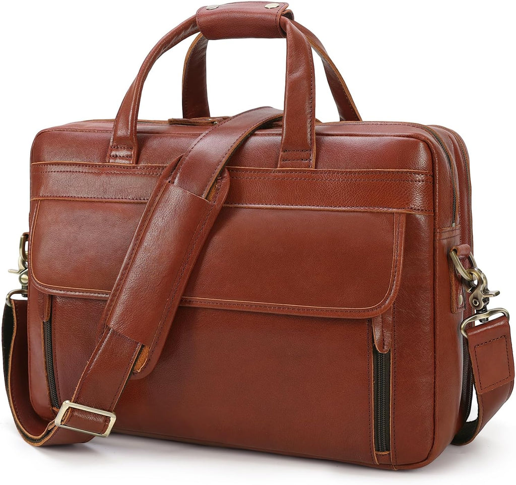 Masa Kawa Leather Briefcase for Men 15.6', 17' Laptop Computer Case Business Travel Work Messenger Cross Body Shoulder Bag