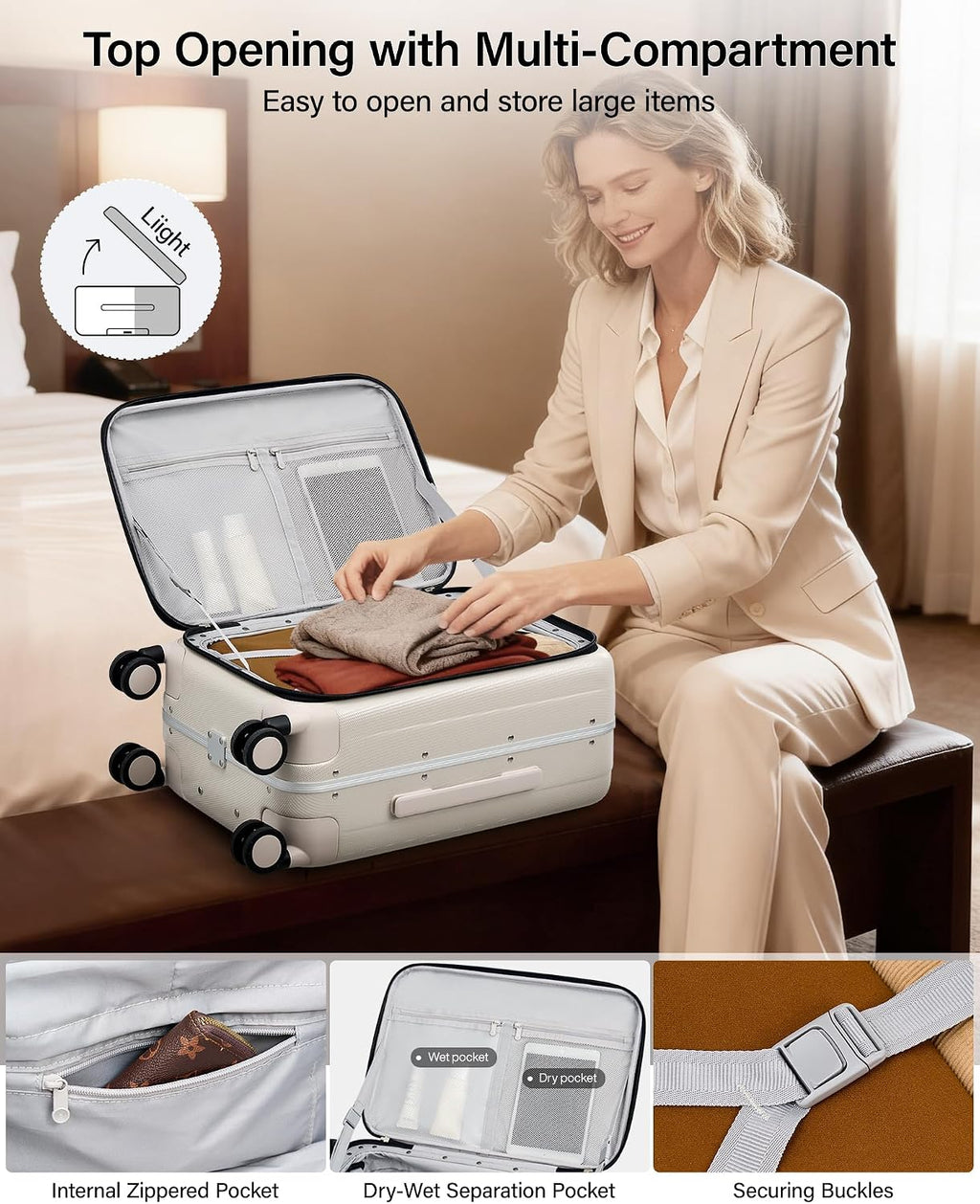 Hanke 26 Inch Large Luggage Suitcase Top Opening Aluminum Frame Travel Luggage Hard Shell Suitcases with Wheels for Woman Men.(Ivory white)