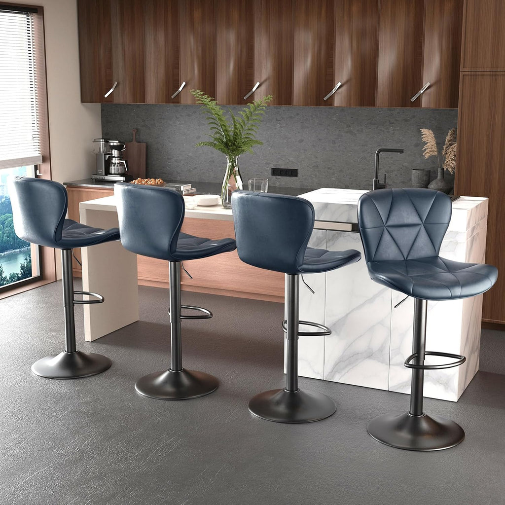Nalupatio Modern Bar Stools Set of 3, Adjustable Faux Leather Upholstered Swivel Bar Stools, Counter Height Bar Chairs with Back for Kitchen Island, Dark Blue