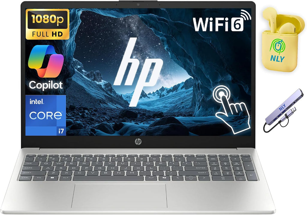 HP 15.6' FHD Touchscreen Business Laptop Computer, 10-Core Intel i7 Processor, 16GB RAM 1TB Storage (512GB SSD+512GB Docking Station Set), Windows 11 Laptop with AI Ready, NLY Earphones, Silver