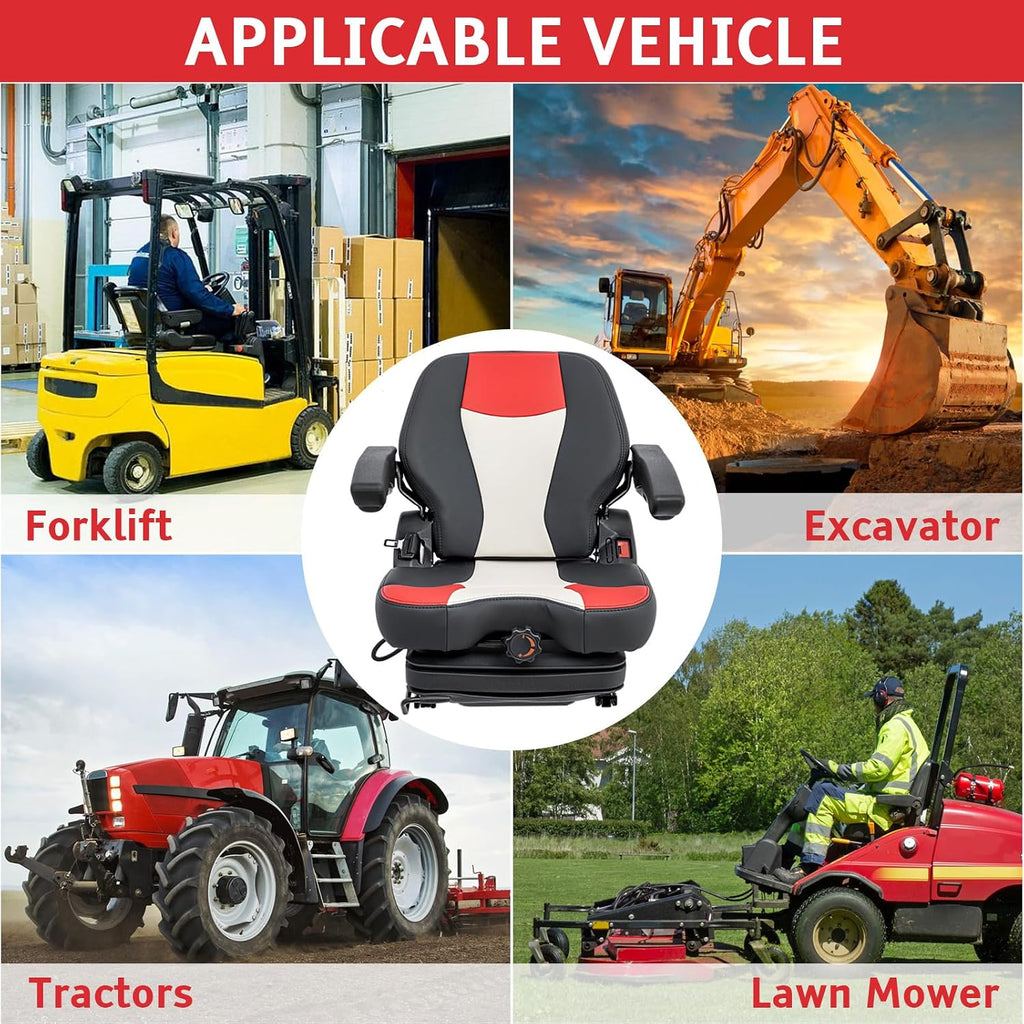 Universal Tractor Seat,Highback Low Suspension Forklift, Adjustable Backrest and Slide Rails,Adjustable Armrests Shock Absorber Heavy Duty Seat for Toro Mower Excavator Harvester